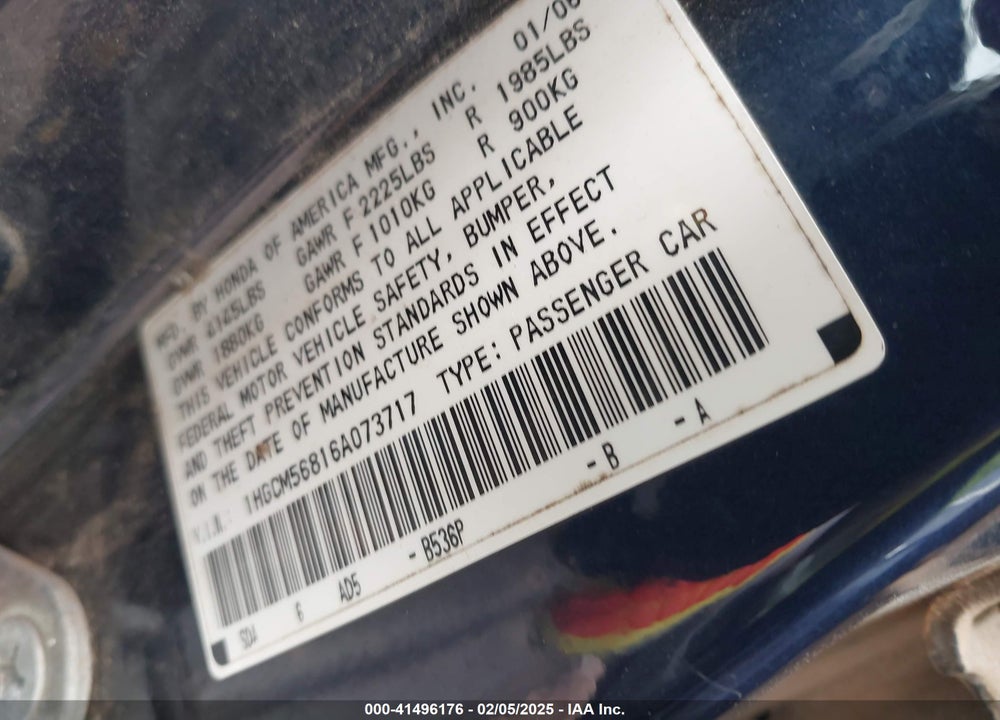 2006 HONDA ACCORD VIN: 1HGCM56816A073717