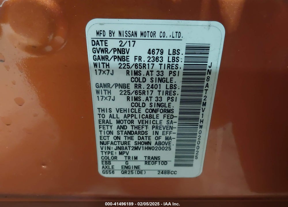2017 NISSAN ROGUE SV VIN: JN8AT2MV1HW020025