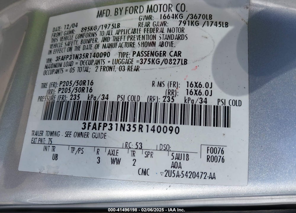 2005 FORD FOCUS ZX3 VIN: 3FAFP31N35R140090