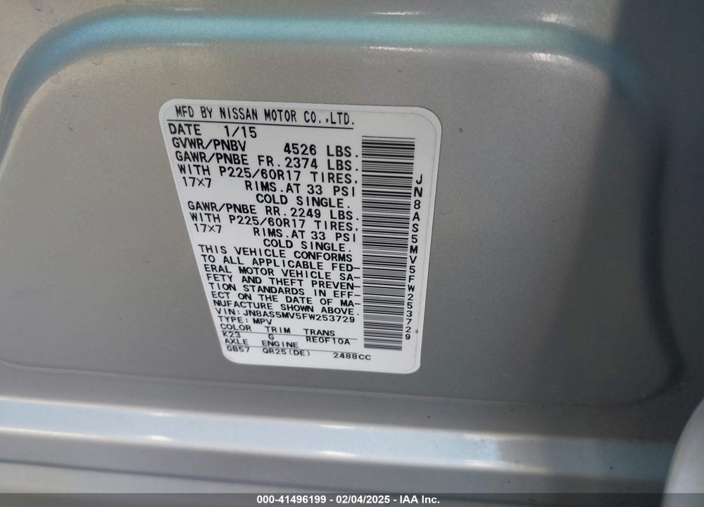 2015 NISSAN ROGUE SELECT VIN: JN8AS5MV5FW253729