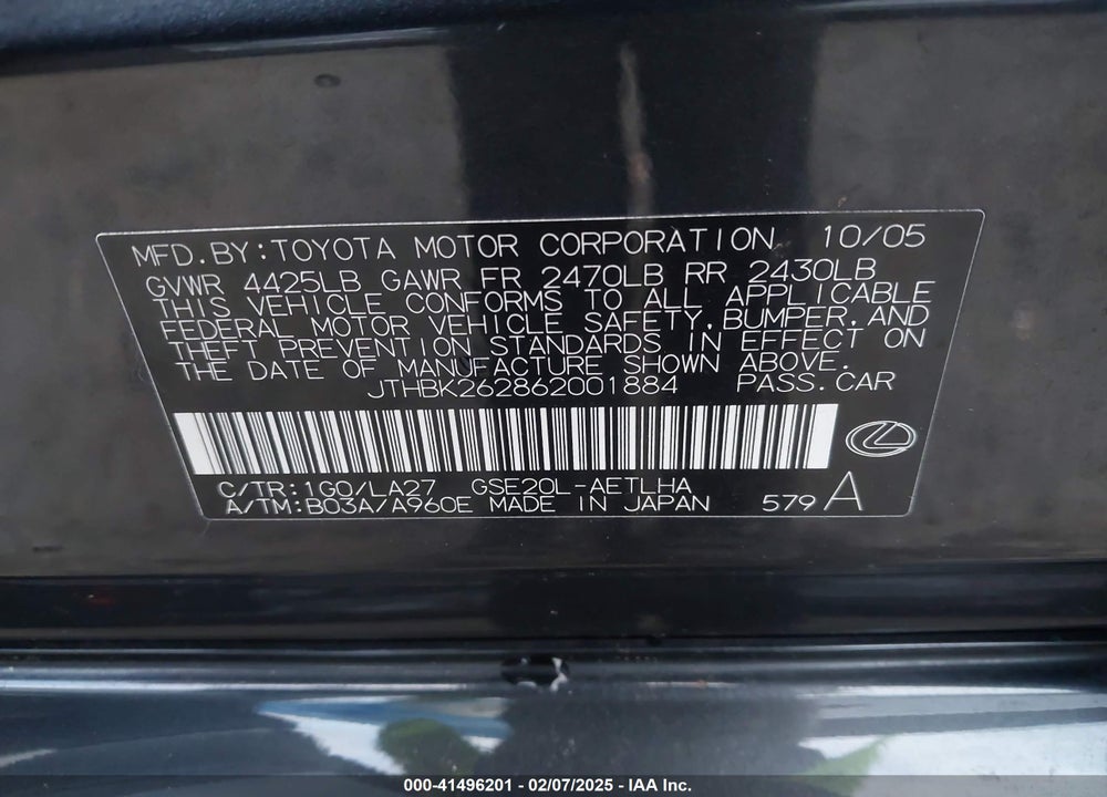 2006 LEXUS IS 250 VIN: JTHBK262862001884