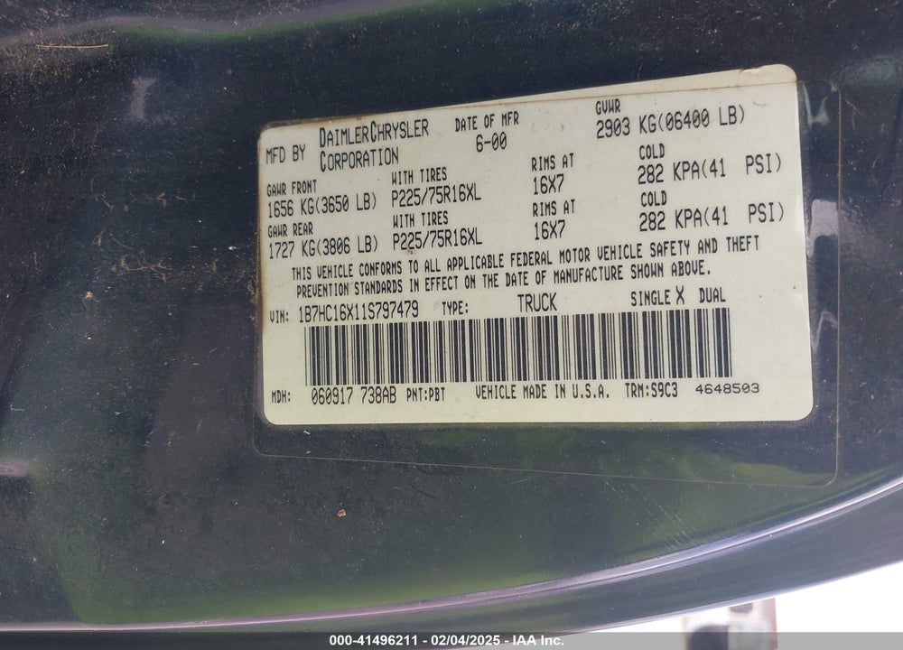 2001 DODGE RAM 1500 ST/WS VIN: 1B7HC16X11S797479
