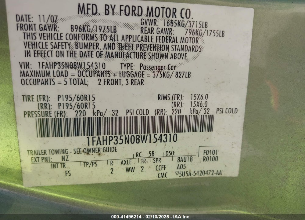 2008 FORD FOCUS VIN: 1FAHP35N08W154310