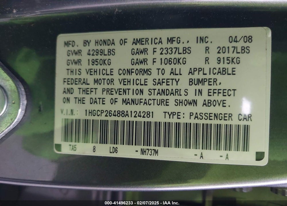 2008 HONDA ACCORD VIN: 1HGCP26488A124281