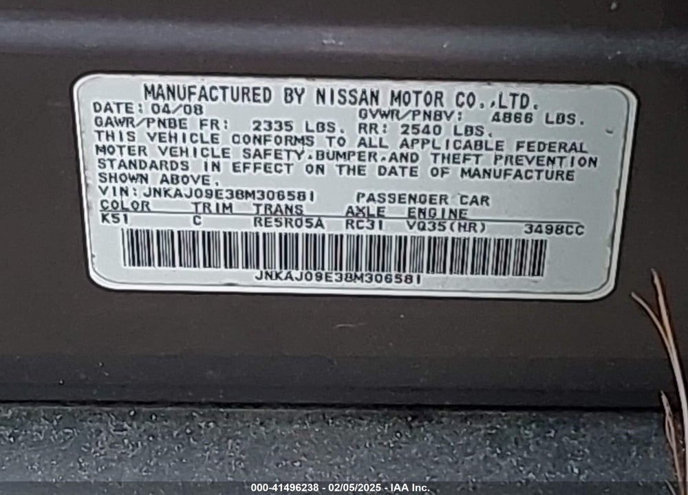 2008 INFINITI EX35 VIN: JNKAJ09E38M306581
