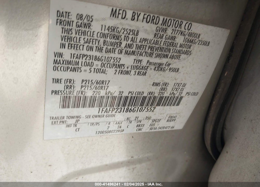 2006 FORD FIVE HUNDRED VIN: 1FAFP23186G107552