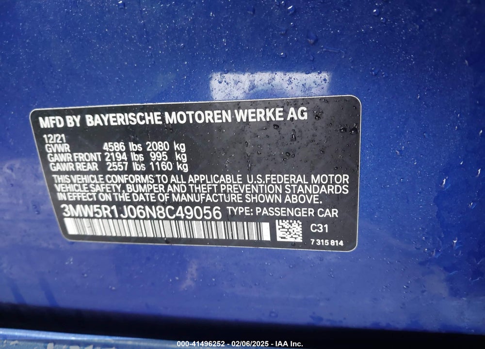 2022 BMW 330I VIN: 3MW5R1J06N8C49056