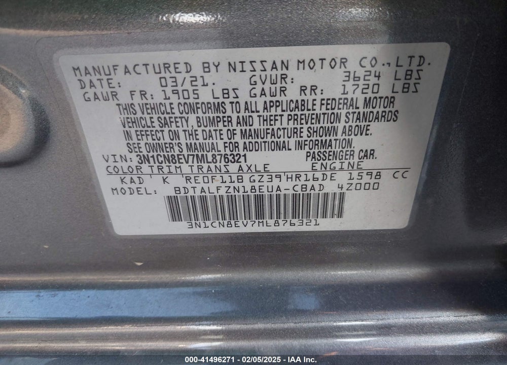 2021 NISSAN VERSA VIN: 3N1CN8EV7ML876321