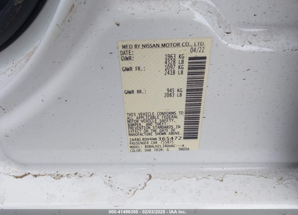2022 NISSAN ALTIMA VIN: 1N4BL4DV4NN365472