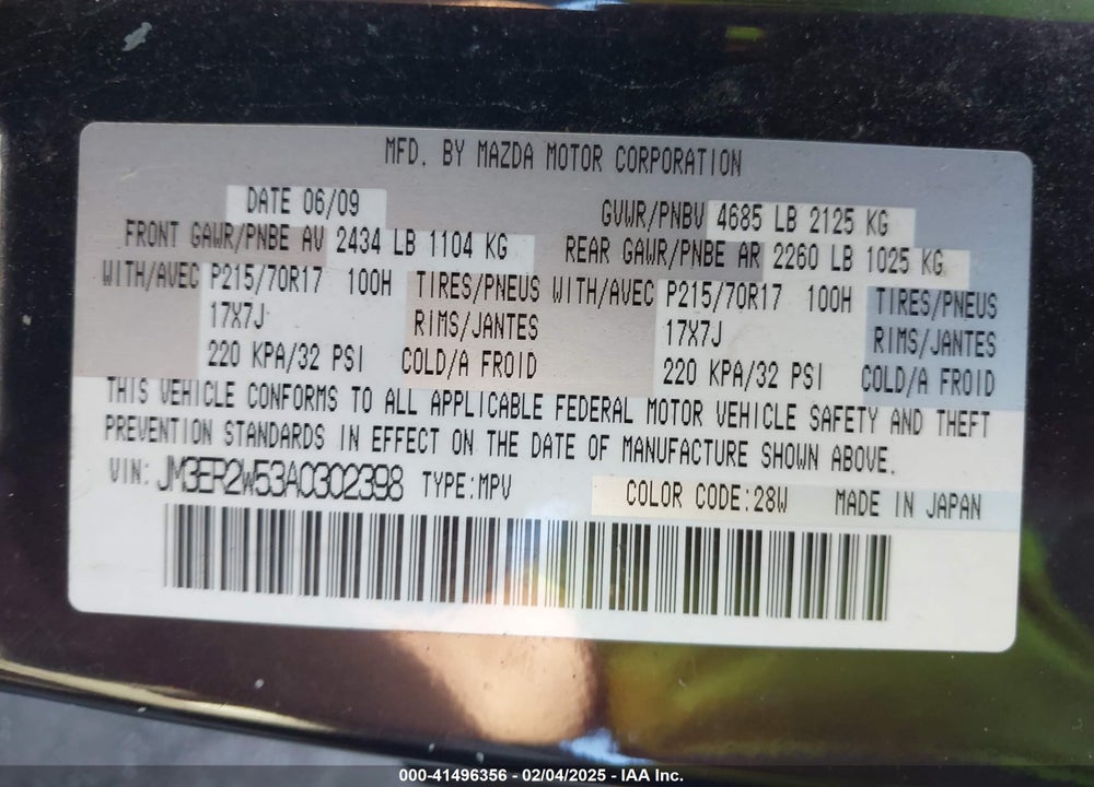 2010 MAZDA CX-7 I SV VIN: JM3ER2W53A0302398