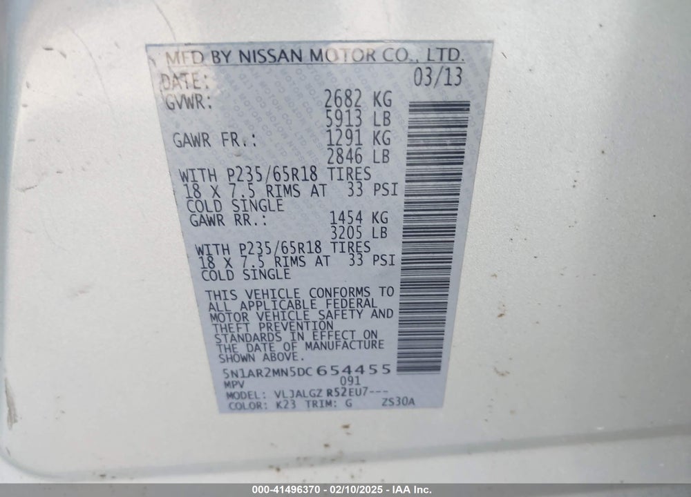 2013 NISSAN PATHFINDER SL VIN: 5N1AR2MN5DC654455