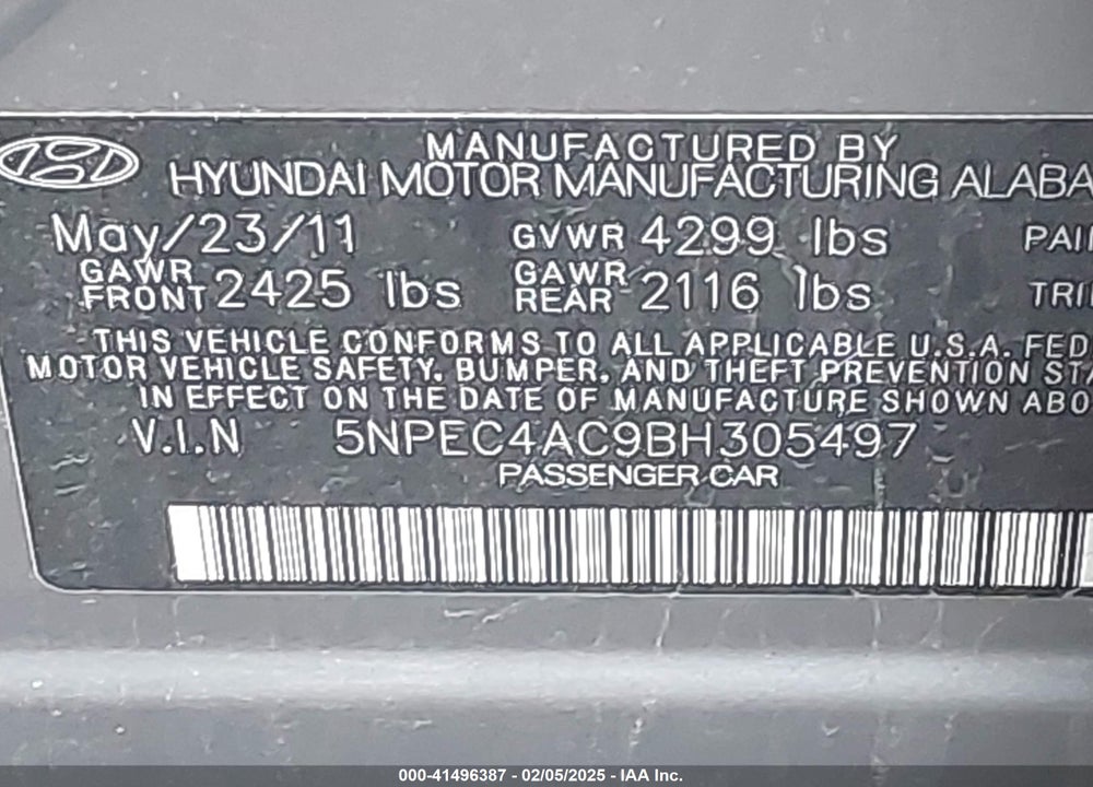2011 HYUNDAI SONATA VIN: 5NPEC4AC9BH305497