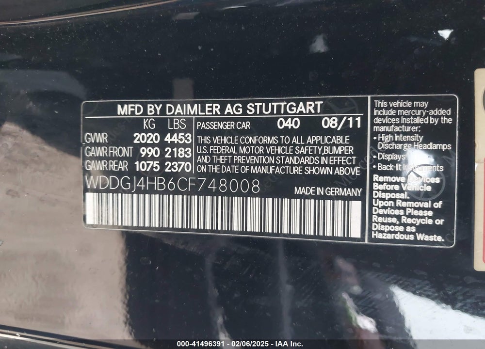 2012 MERCEDES-BENZ C 250 VIN: WDDGJ4HB6CF748008