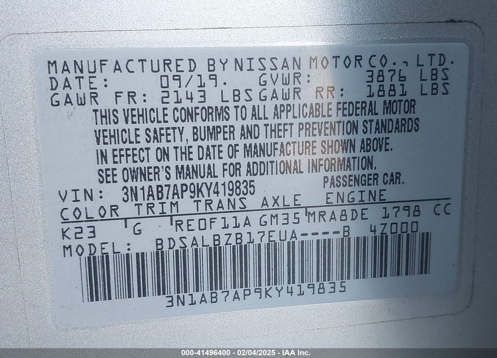 2019 NISSAN SENTRA VIN: 3N1AB7AP9KY419835