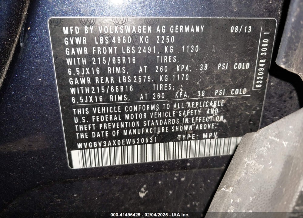 2014 VOLKSWAGEN TIGUAN VIN: WVGBV3AX0EW520531