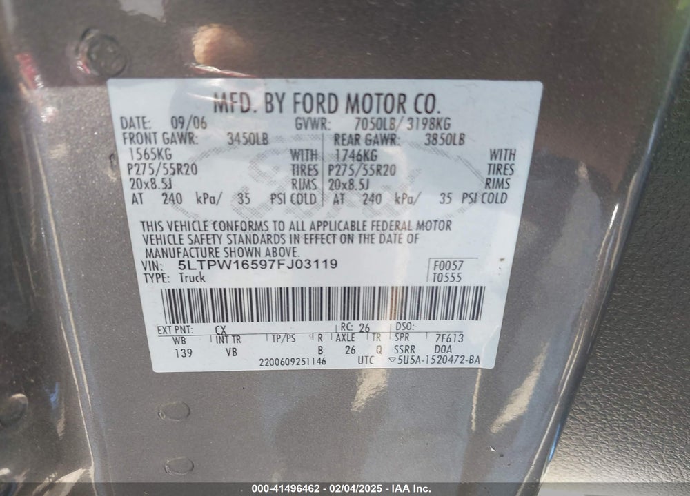 2007 LINCOLN MARK LT VIN: 5LTPW16597FJ03119