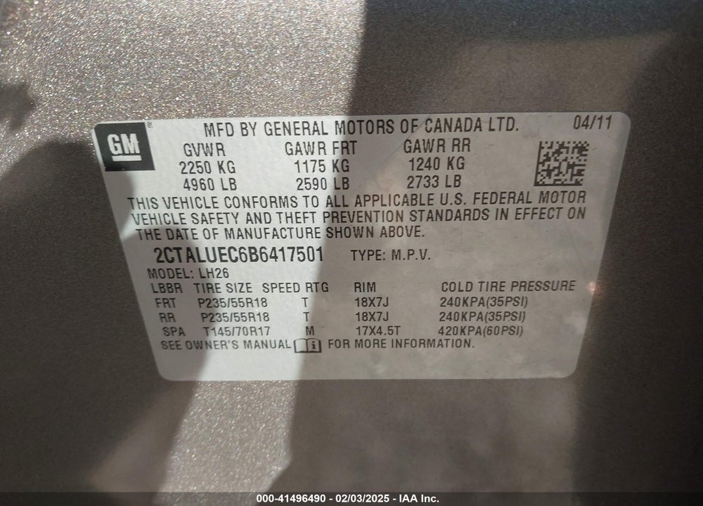 2011 GMC TERRAIN VIN: 2CTALUEC6B6417501