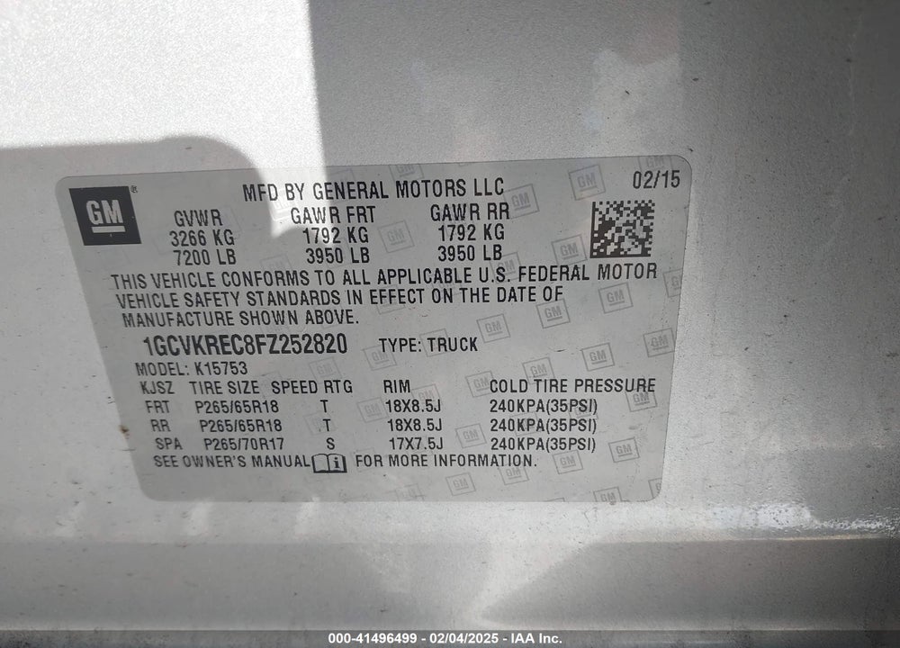 2015 CHEVROLET SILVERADO VIN: 1GCVKREC8FZ252820