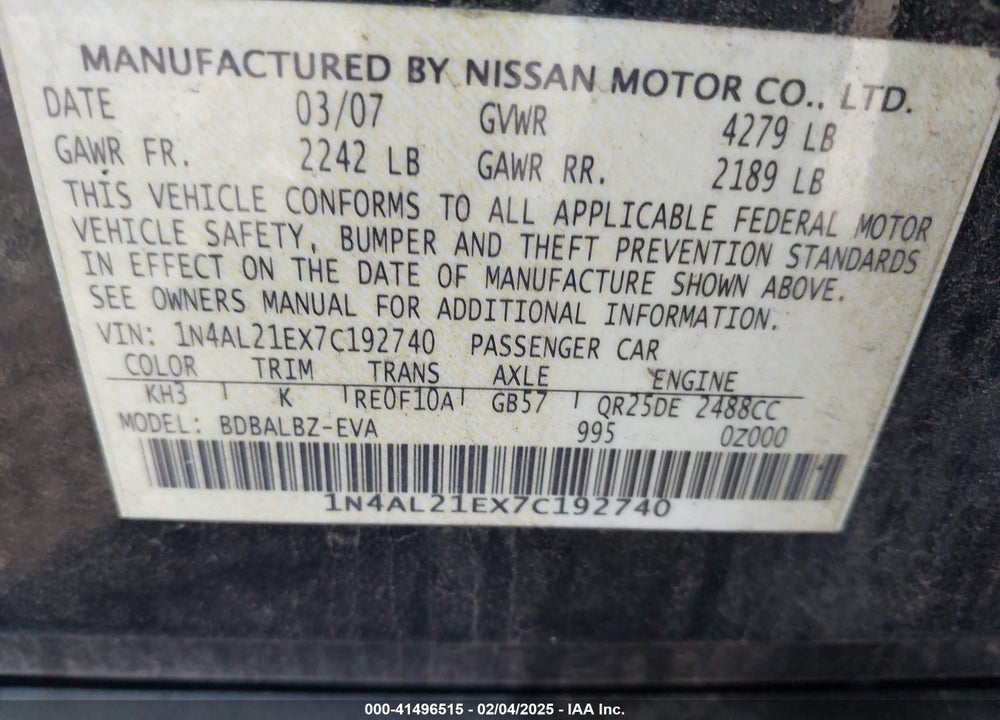 2007 NISSAN ALTIMA 2.5 S VIN: 1N4AL21EX7C192740
