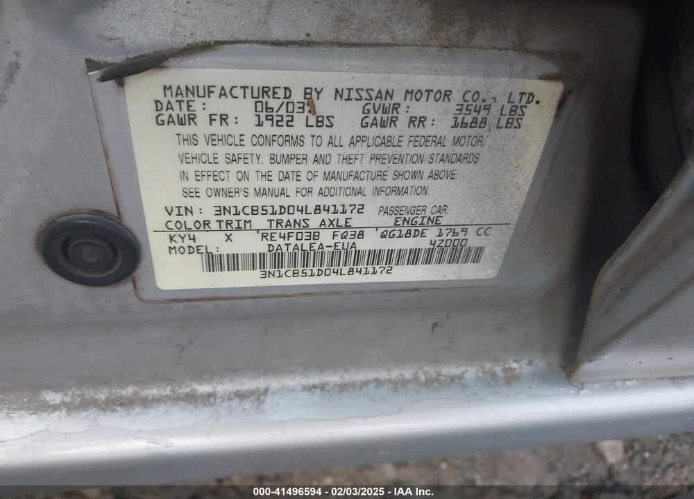 2004 NISSAN SENTRA 1.8S VIN: 3N1CB51D04L841172