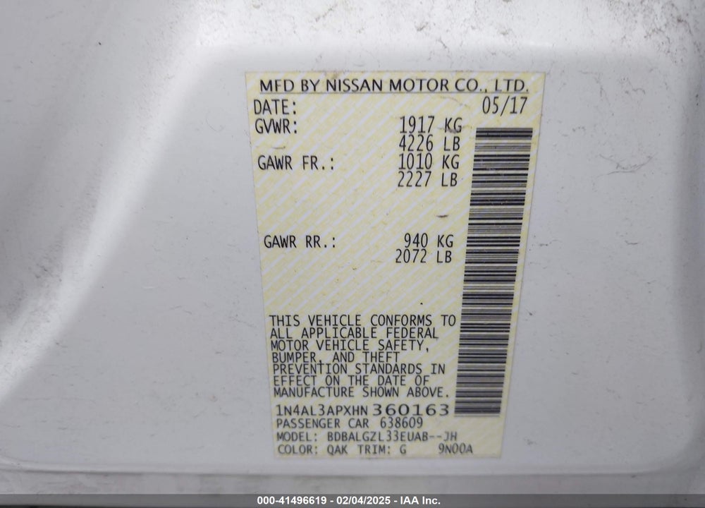 2017 NISSAN ALTIMA VIN: 1N4AL3APXHN360163