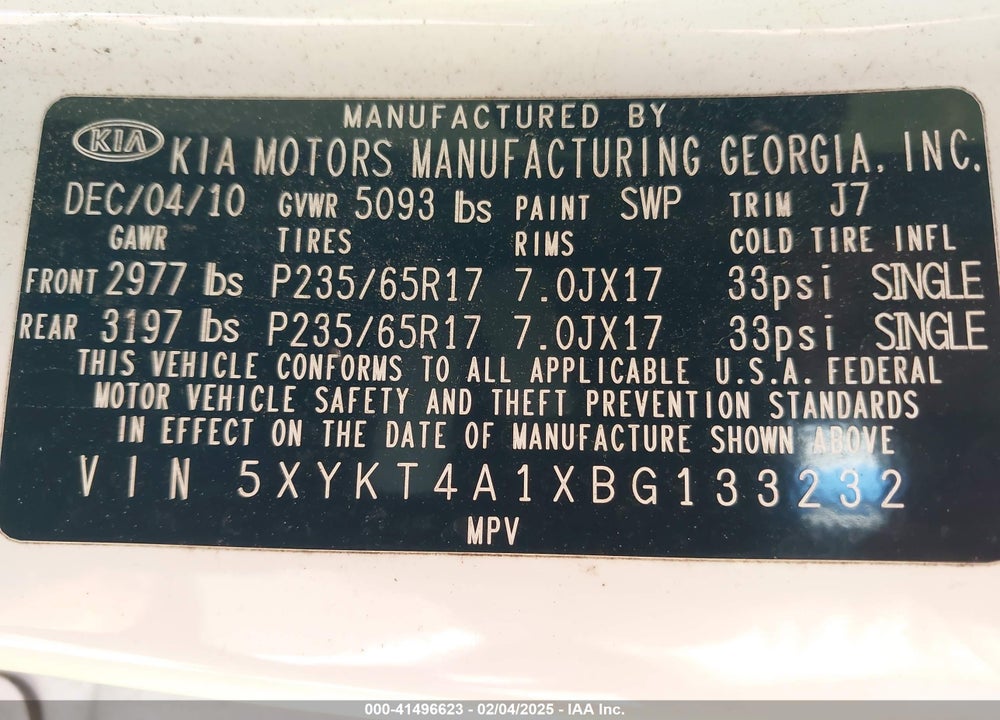 2011 KIA SORENTO VIN: 5XYKT4A1XBG133232