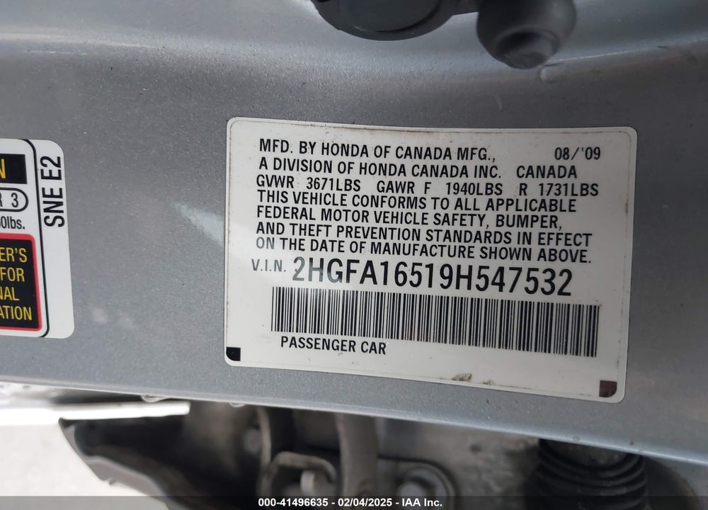 2009 HONDA CIVIC LX VIN: 2HGFA16519H547532