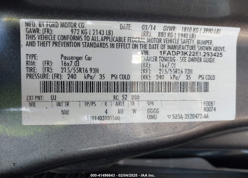 2014 FORD FOCUS VIN: 1FADP3K22EL293425