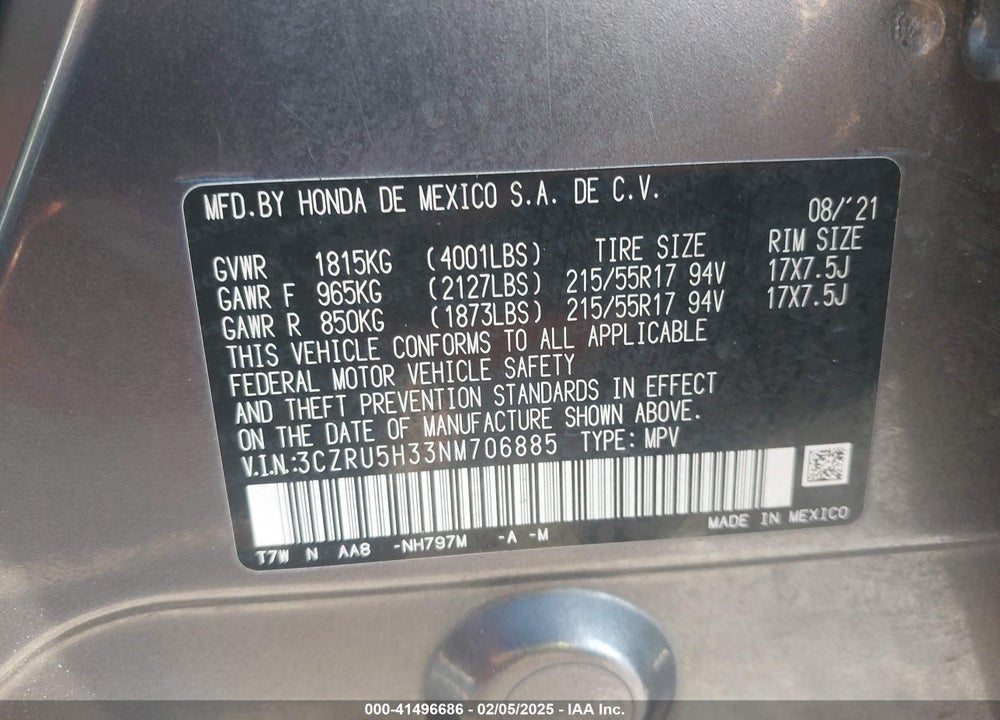 2022 HONDA HR-V 2WD LX VIN: 3CZRU5H33NM706885