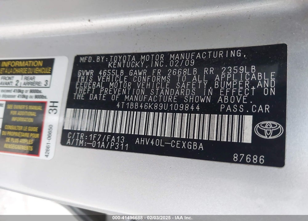 2009 TOYOTA CAMRY HYBRID VIN: 4T1BB46K89U109844