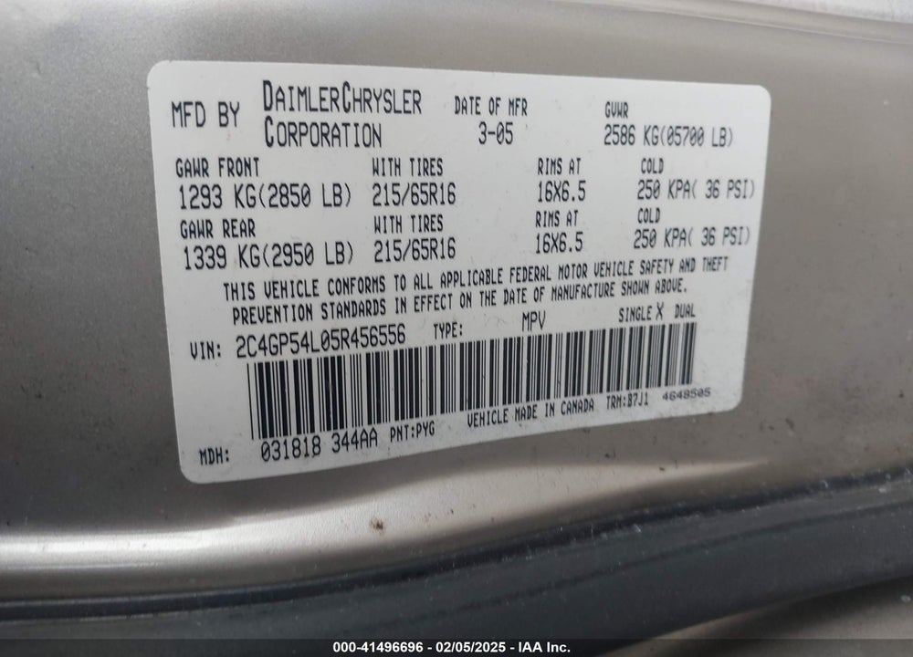 2005 CHRYSLER TOWN & COUNTRY TOURING VIN: 2C4GP54L05R456556