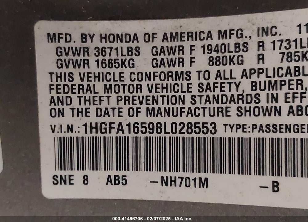 2008 HONDA CIVIC VIN: 1HGFA16598L028553