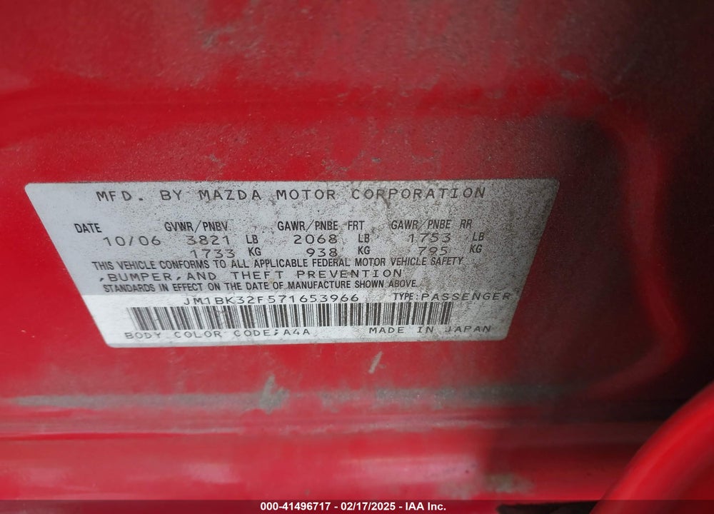 2007 MAZDA MAZDA3 VIN: JM1BK32F571653966