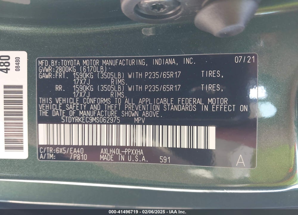 2021 TOYOTA SIENNA XLE VIN: 5TDYRKEC9MS062975