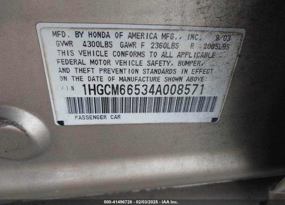 2004 HONDA ACCORD 3.0 EX VIN: 1HGCM66534A008571