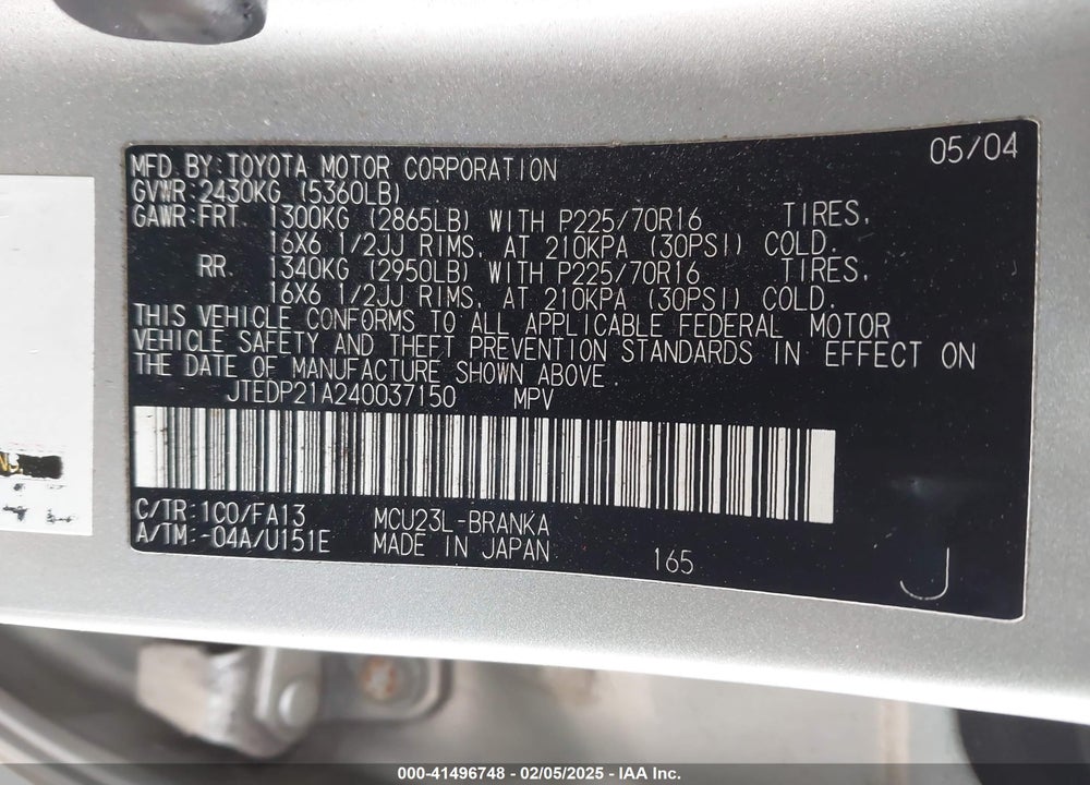 2004 TOYOTA HIGHLANDER V6 VIN: JTEDP21A240037150
