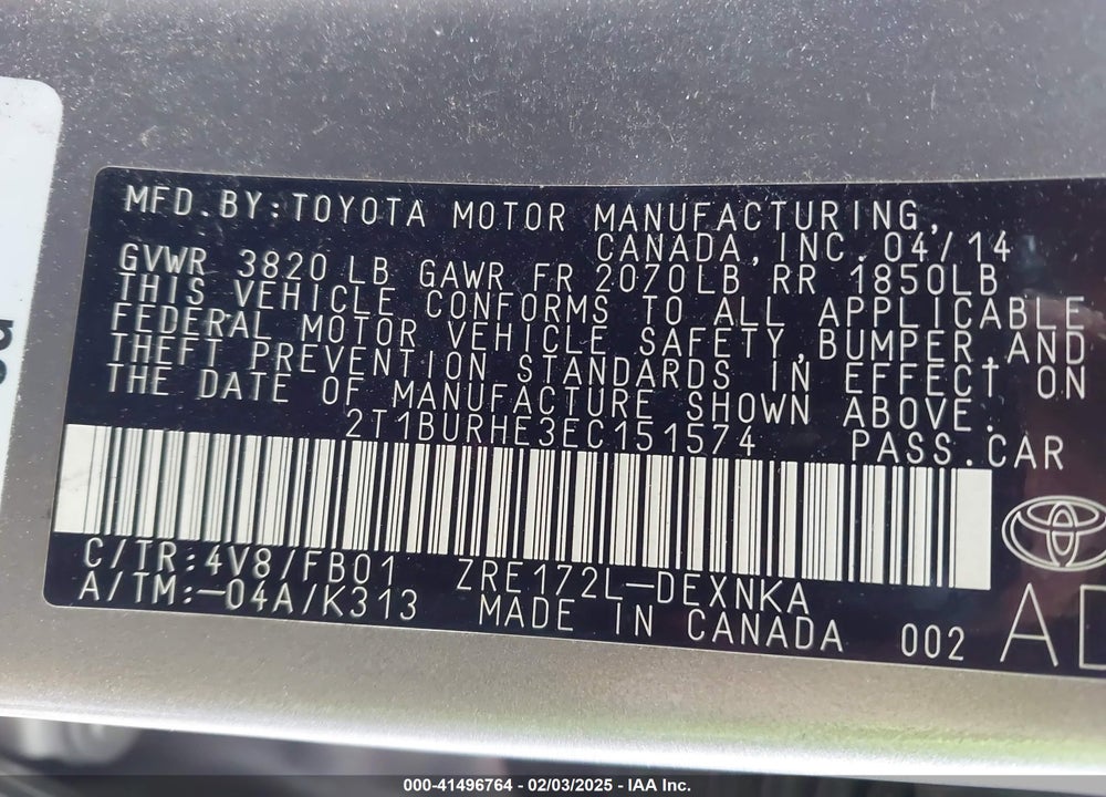 2014 TOYOTA COROLLA LE VIN: 2T1BURHE3EC151574