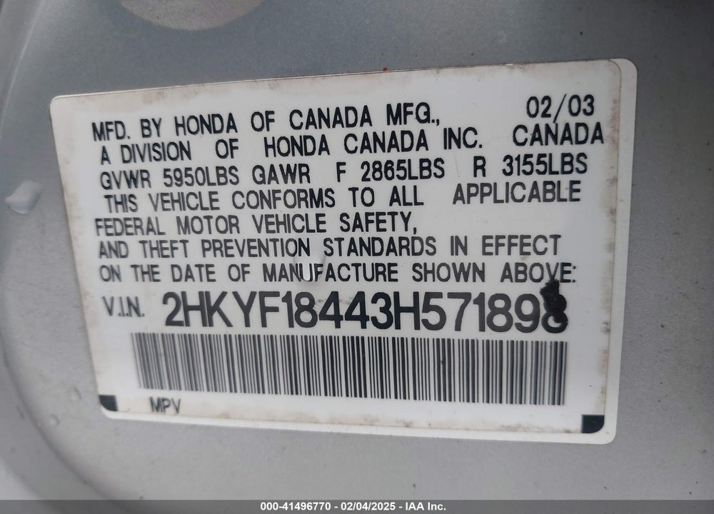 2003 HONDA PILOT VIN: 2HKYF18443H571898