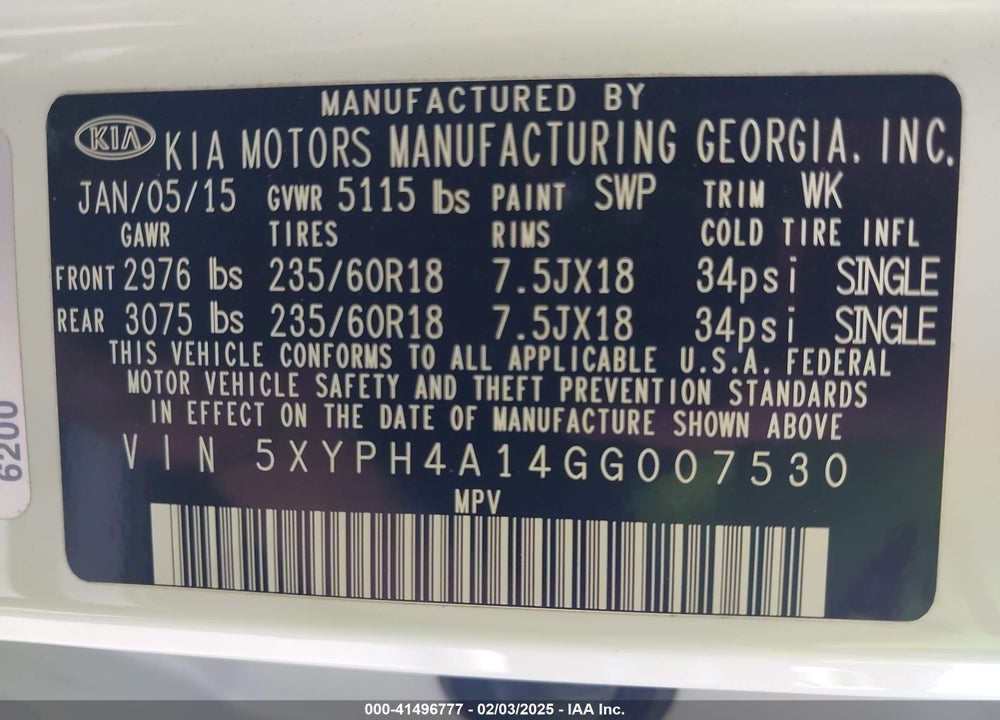 2016 KIA SORENTO 2.0T EX VIN: 5XYPH4A14GG007530