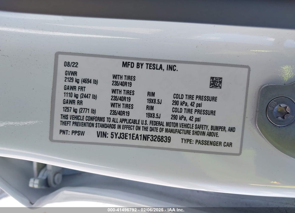 2022 TESLA MODEL 3 VIN: 5YJ3E1EA1NF326839