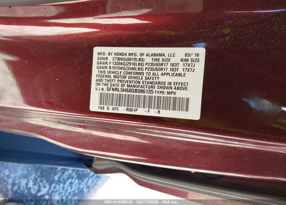 2016 HONDA ODYSSEY EX-L VIN: 5FNRL5H60GB086135