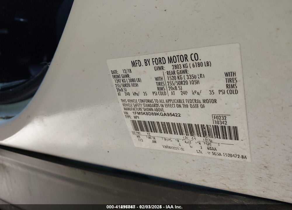 2019 FORD EXPLORER XLT VIN: 1FM5K8D89KGA95422