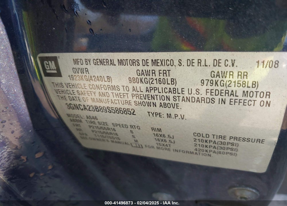 2009 CHEVROLET HHR VIN: 3GNCA23B89S586852