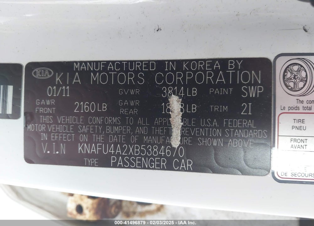 2011 KIA FORTE EX VIN: KNAFU4A2XB5384670