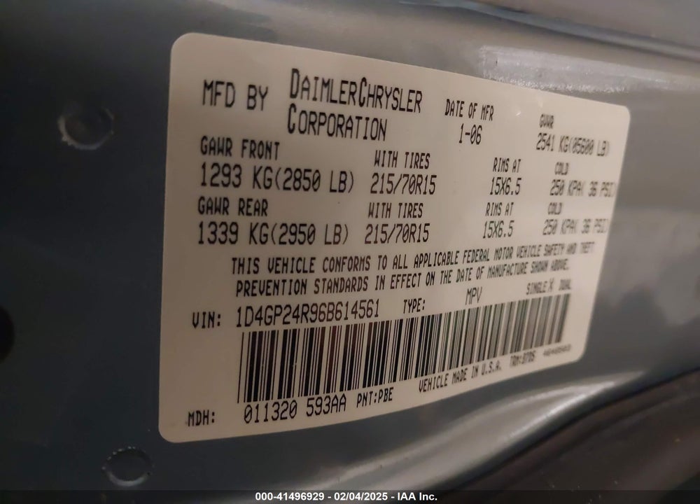2006 DODGE GRAND CARAVAN SE VIN: 1D4GP24R96B614561