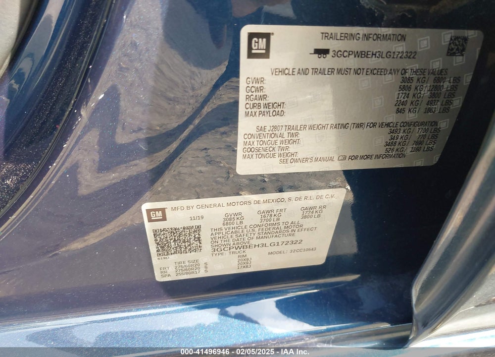 2020 CHEVROLET SILVERADO 1500 VIN: 3GCPWBEH3LG172322