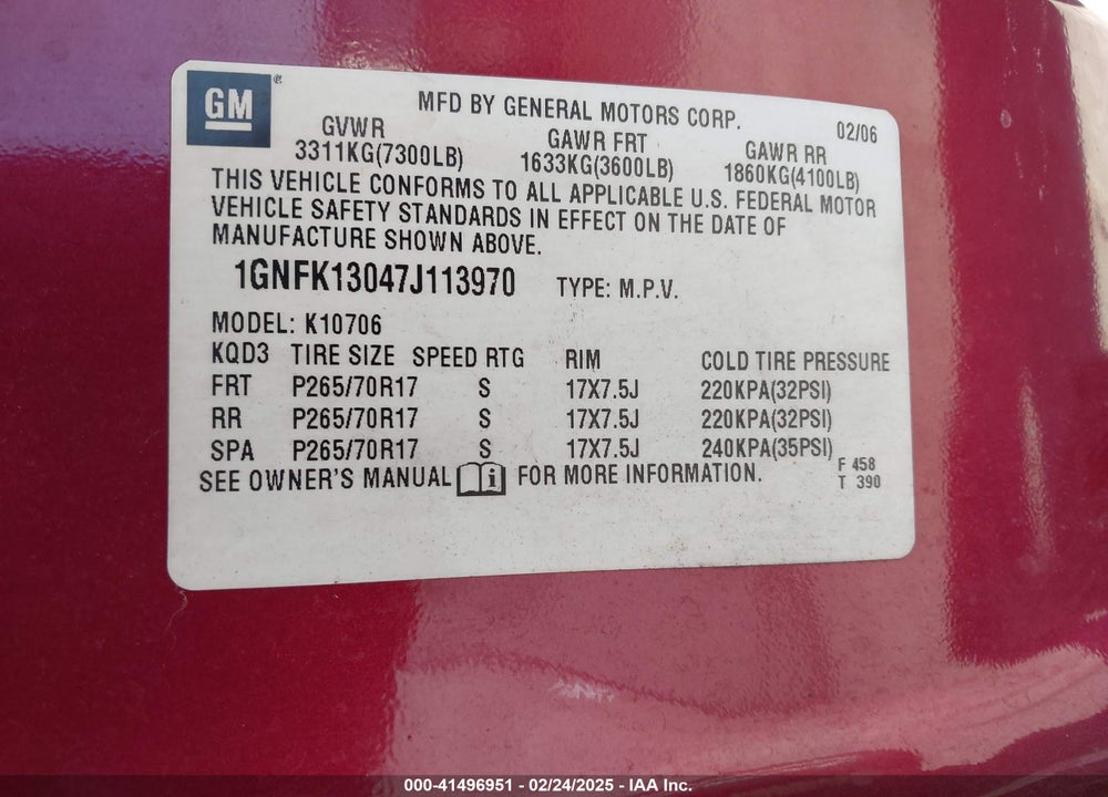 2007 CHEVROLET TAHOE LT VIN: 1GNFK13047J113970