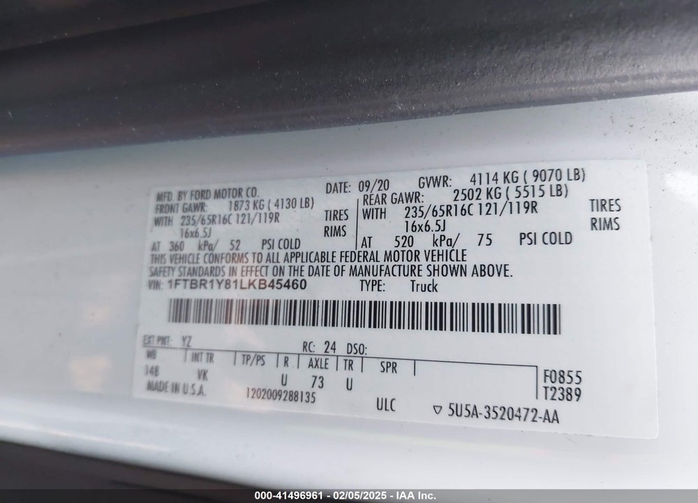 2020 FORD TRANSIT-250 VIN: 1FTBR1Y81LKB45460