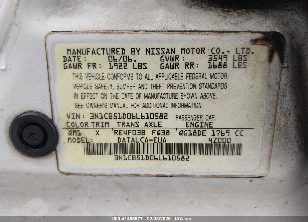 2006 NISSAN SENTRA VIN: 3N1CB51D06L610582