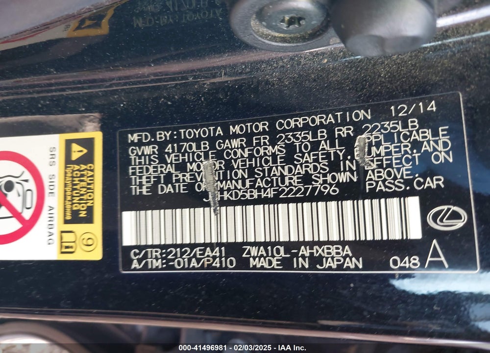 2015 LEXUS CT 200H VIN: JTHKD5BH4F2227796